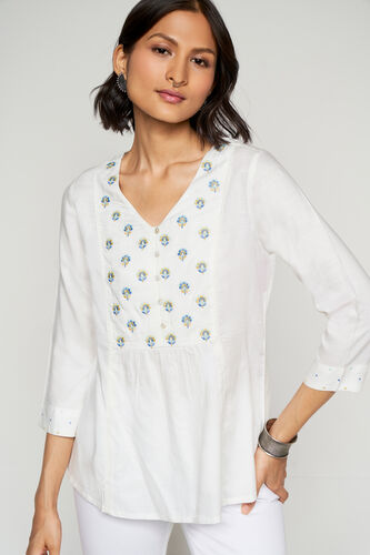 White Solid Embroidered Fit And Flare Top, White, image 3